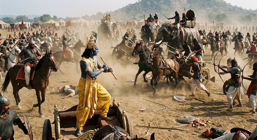 Lord Krishna watches as elephants and chariots clash on a chaotic battlefield.
