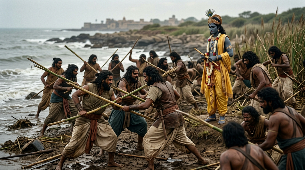 Warriors fight with reeds on a rocky coast as Lord Krishna stands in the background.