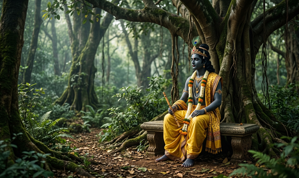 Lord Krishna reclines peacefully beneath a large tree in a forest.
