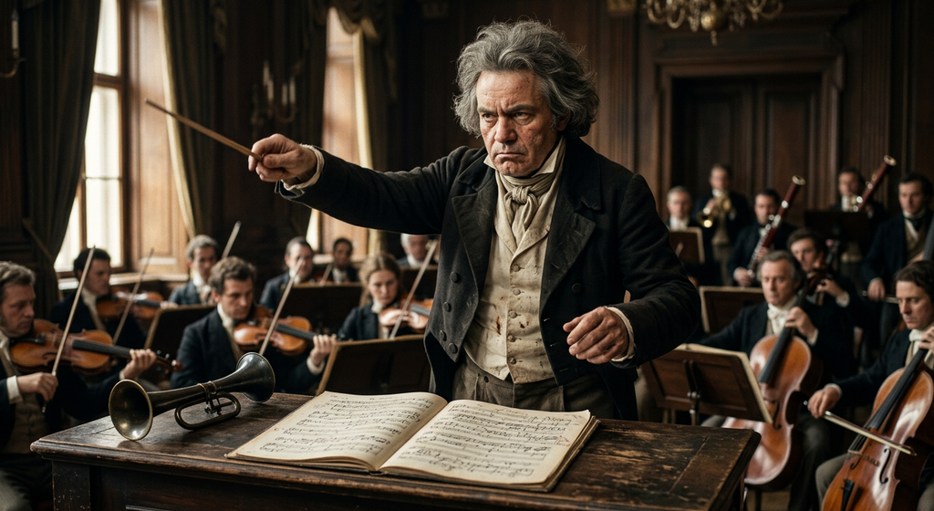 An open musical score and an ear trumpet rest on a wooden conductor's podium.