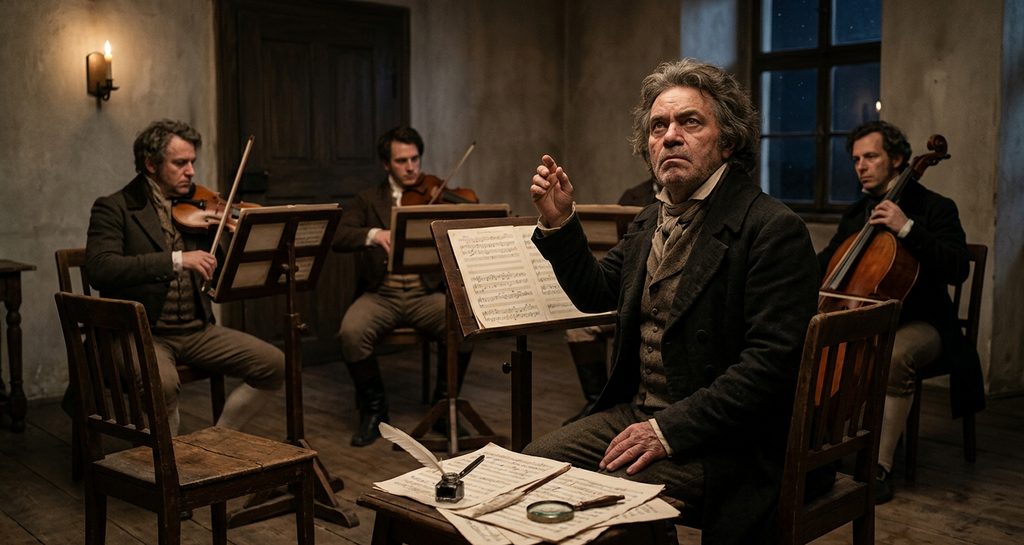 Four wooden chairs and music stands are arranged in a circle in a quiet room.