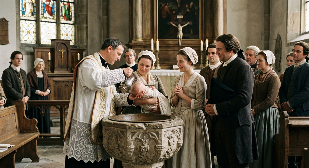 Sunlight hits an ornate stone baptismal font inside a quiet eighteenth-century German church.