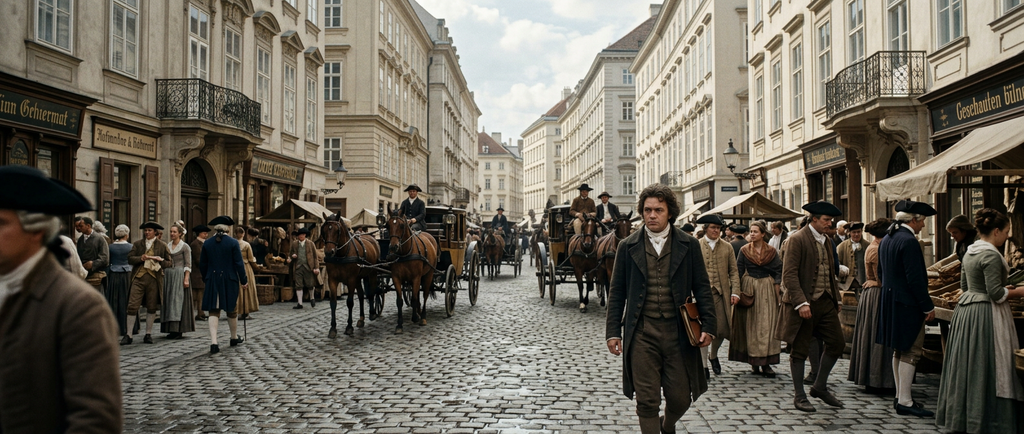 Horse-drawn carriages move along a busy, paved street lined with period buildings in Vienna.