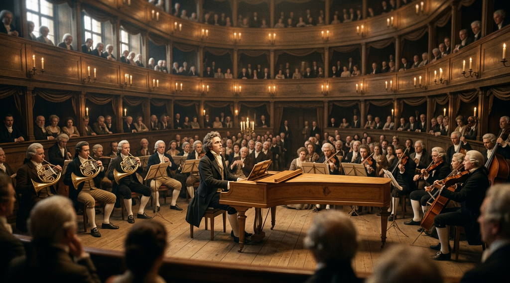A wooden fortepiano sits on a stage in a crowded, dimly lit Viennese concert hall.