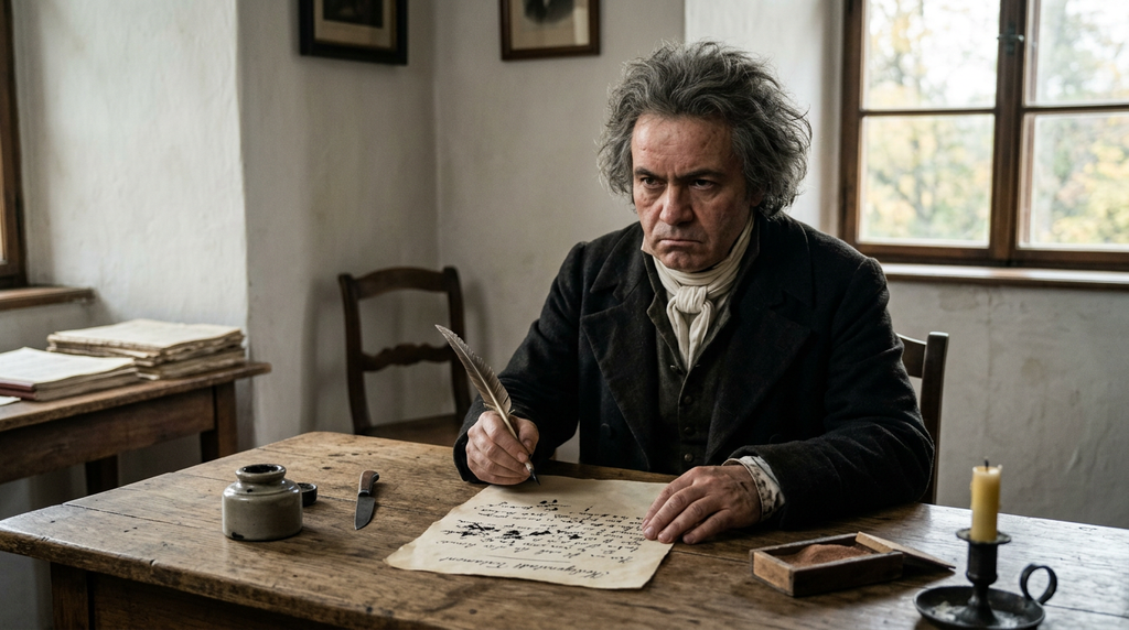 A handwritten letter with frantic, ink-stained script rests on a wooden desk in daylight.