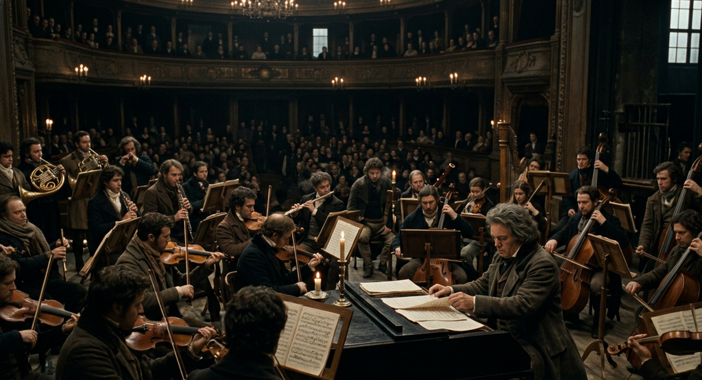 Orchestra musicians tune their instruments inside a cold, dimly lit theater.
