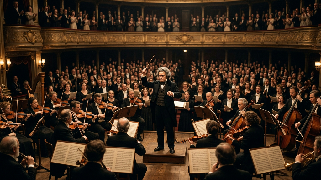 A conductor faces a large orchestra and choir, with his back to a cheering audience.