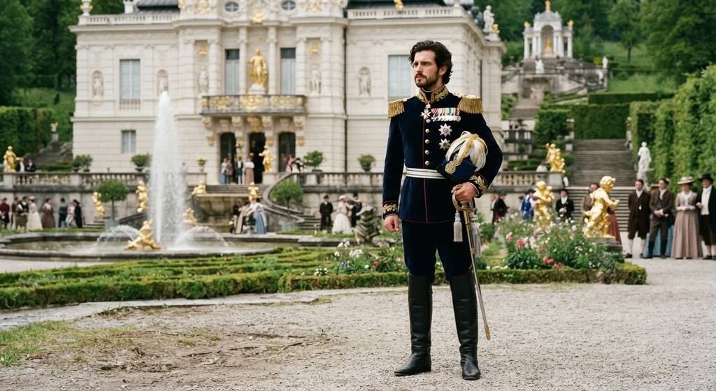 The ornate Neo-Rococo facade of Linderhof Palace overlooks a terrace with a central fountain.