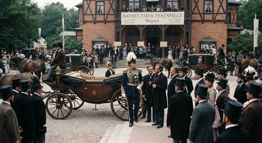 Horse-drawn carriages arrive at the Bayreuth Festspielhaus theater in late 19th-century Germany.