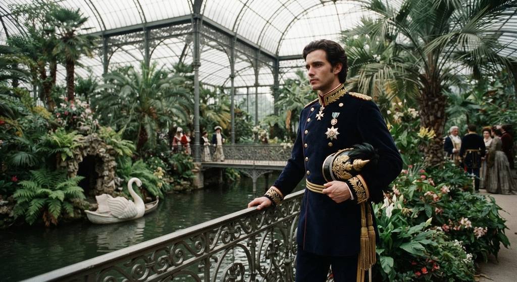 A swan-shaped boat floats on an indoor lake inside a glass-roofed conservatory filled with tropical plants.