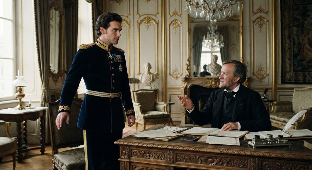 King Ludwig II in a velvet coat meets composer Richard Wagner in a lavishly decorated 19th-century palace parlor.