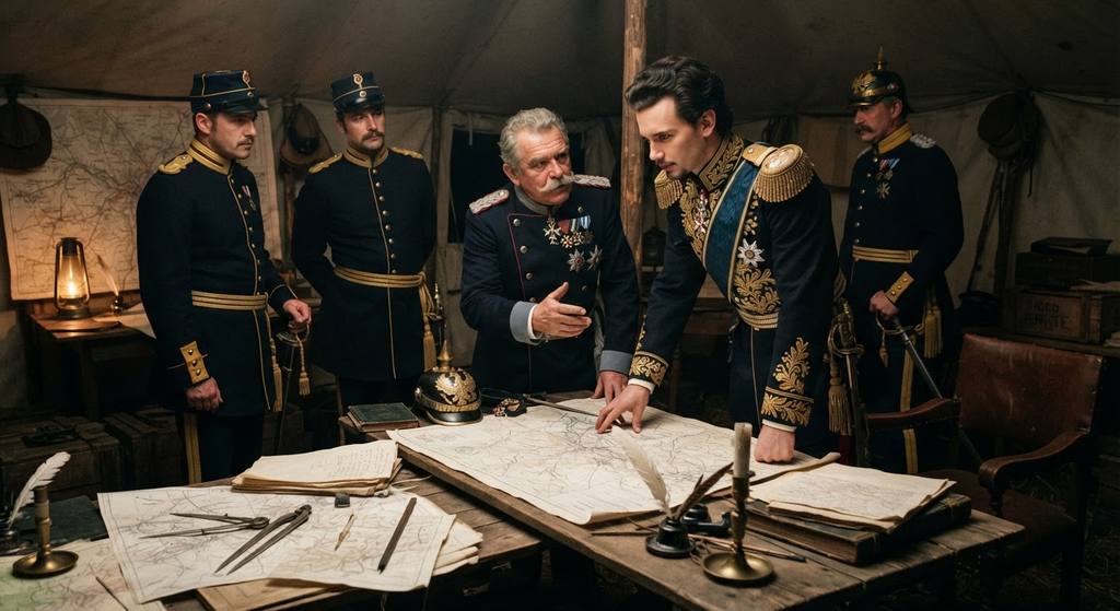 Bavarian military officers in 19th-century uniforms confer over large strategy maps in a dimly lit room.