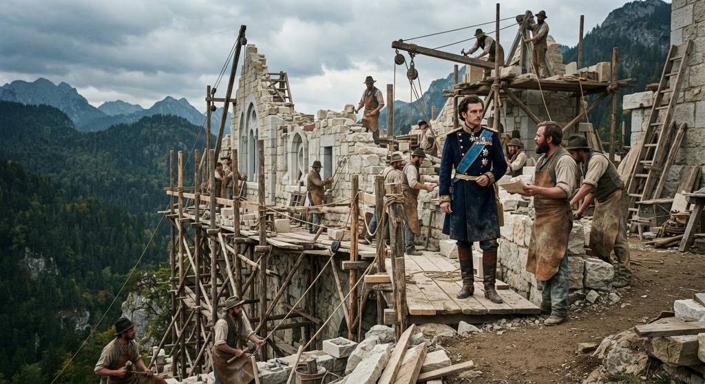 Stonemasons work on wooden scaffolding atop a rugged cliff ridge during the construction of Neuschwanstein Castle.