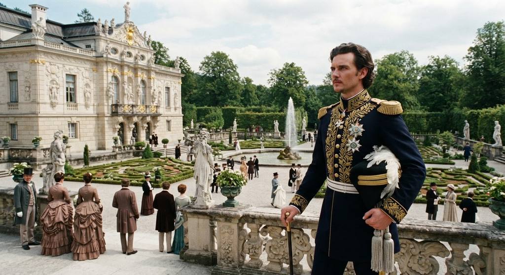 The ornate Rococo facade of Linderhof Palace stands behind meticulously landscaped gardens and fountains.