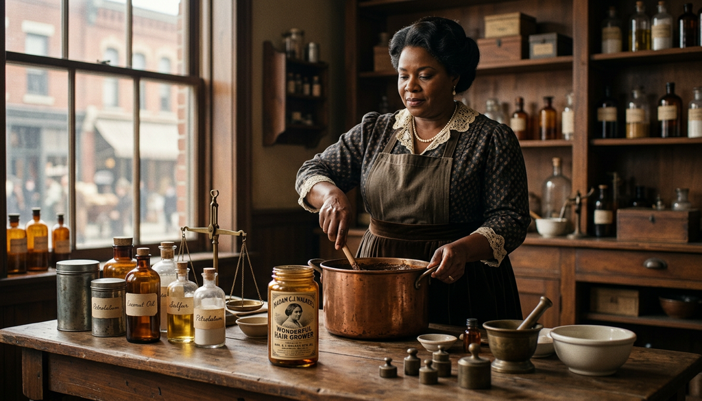 Madam C.J. Walker prepares products at a wooden table next to a vintage jar of Hair Grower.
