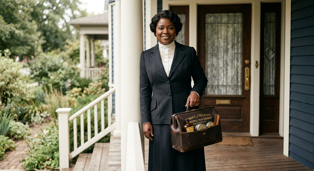 Madam C.J. Walker stands on a porch holding a sales sample case for her products.
