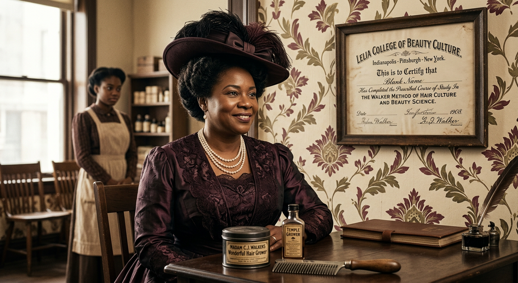 Madam C.J. Walker stands beside a framed Lelia College diploma hanging on a floral wall.