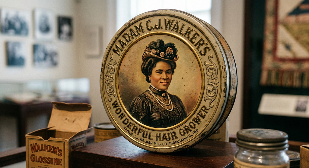 Madam C.J. Walker in Edwardian dress stands near a cosmetic tin featuring her portrait.