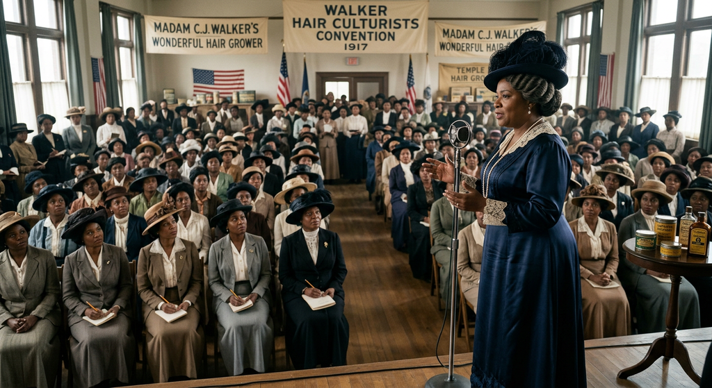Madam C.J. Walker gathers with a group of well-dressed women at a crowded convention.