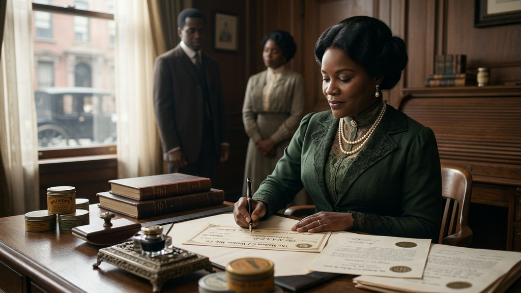 Madam C.J. Walker sits at her desk signing an ornate check addressed to the NAACP.