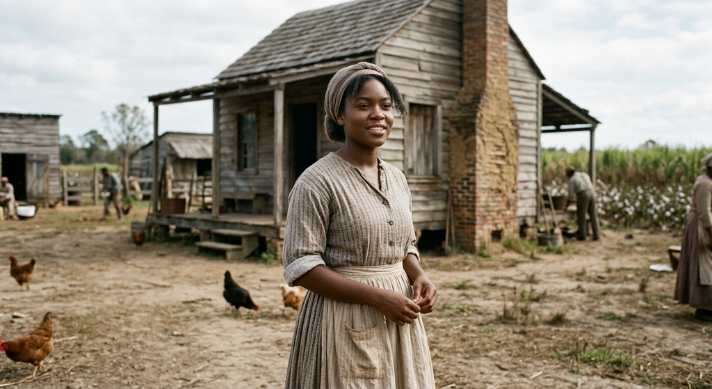 A young Madam C.J. Walker stands confidently before a modest wooden cabin on a Louisiana plantation.