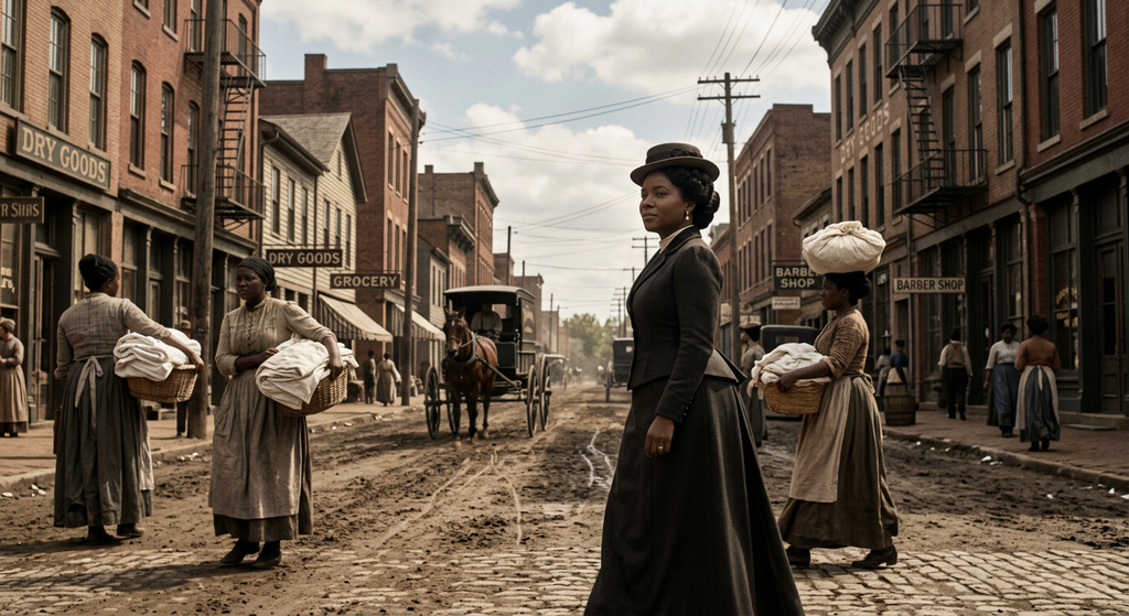 Madam C.J. Walker stands on a busy St. Louis street as women carry laundry in the background.