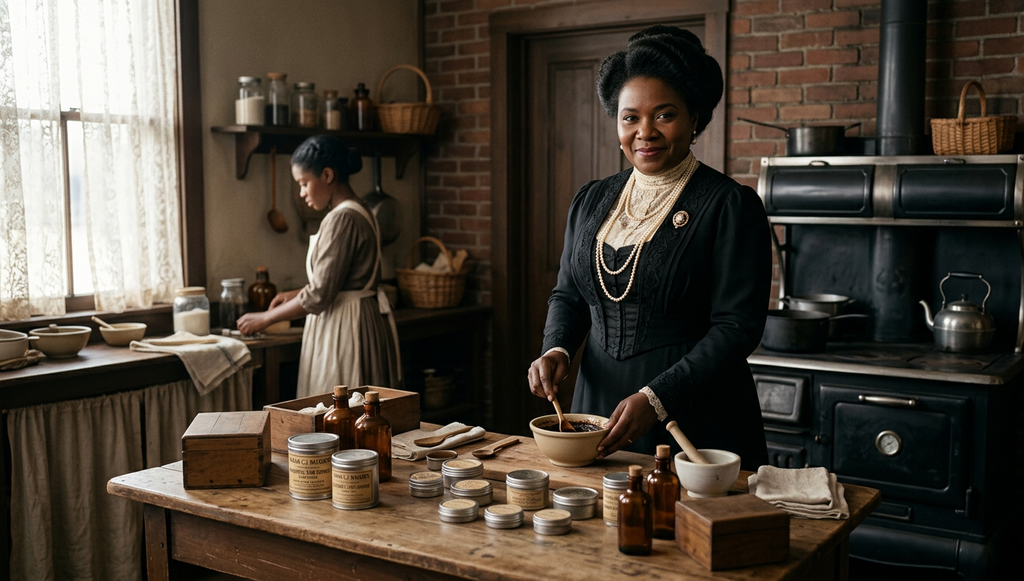 Madam C.J. Walker works at a kitchen table surrounded by early cosmetic tins and mixing bowls.