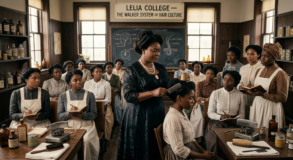 Madam C.J. Walker instructs a group of women in hair care techniques inside a bright classroom.