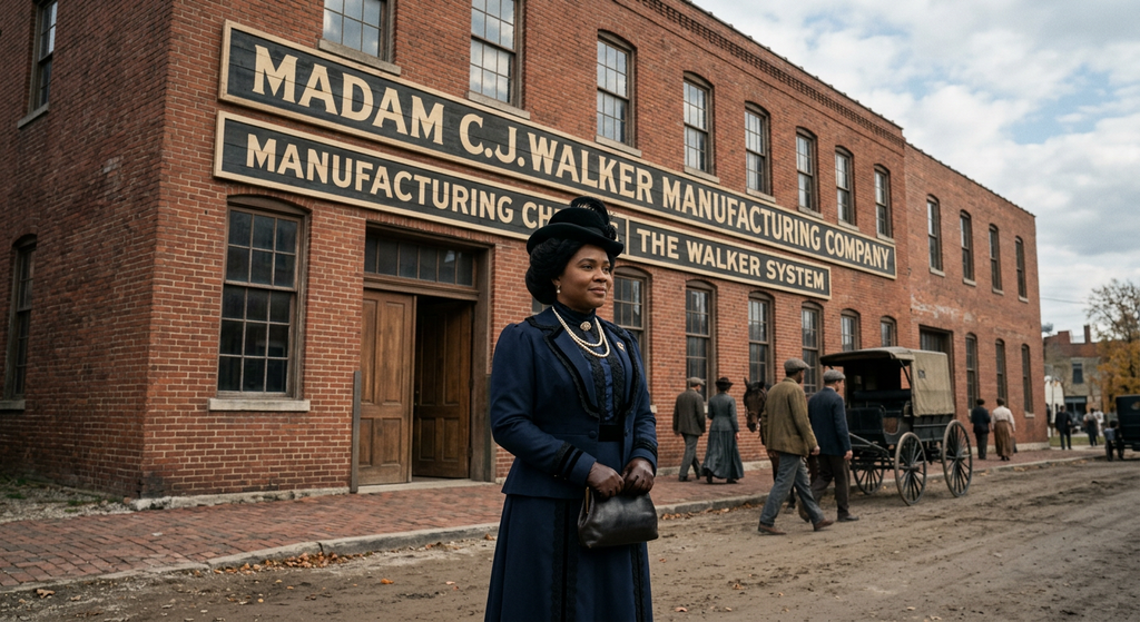 Madam C.J. Walker stands proudly in front of her brick manufacturing headquarters in Indianapolis.