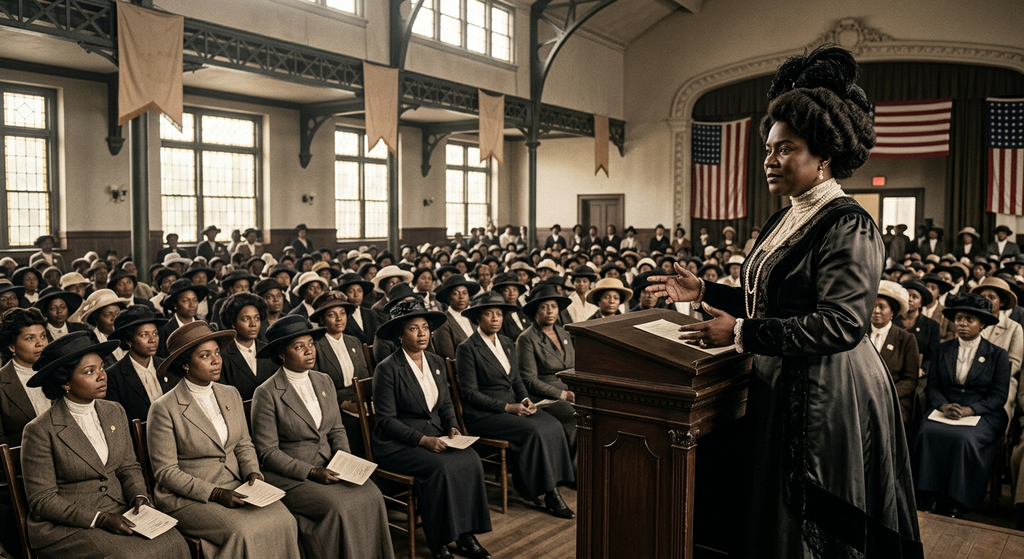 Madam C.J. Walker addresses a large convention hall filled with well-dressed women delegates.