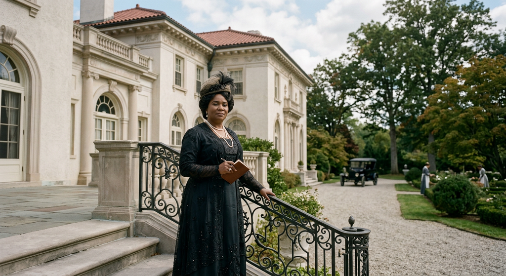 Madam C.J. Walker stands before the grand facade of her Italianate mansion, Villa Lewaro.