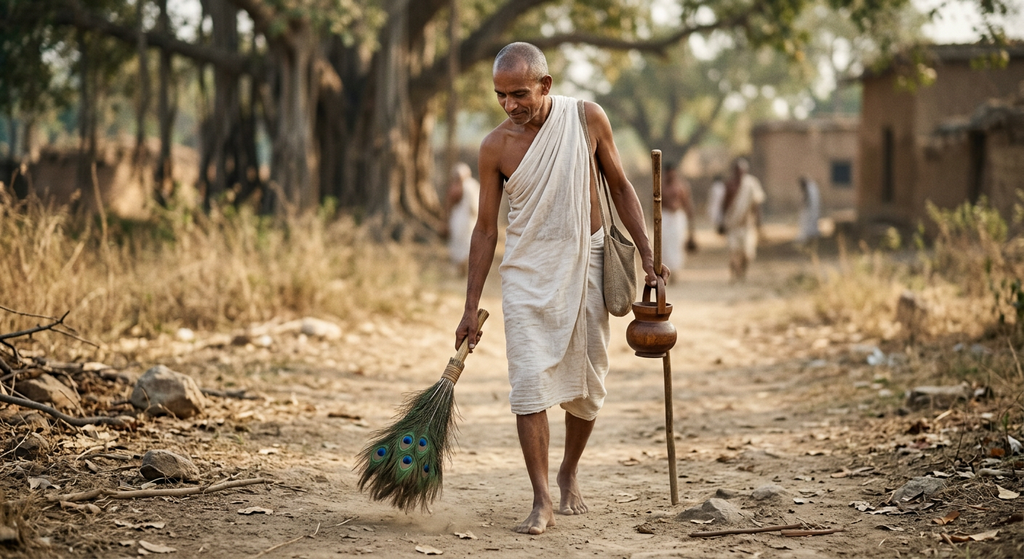 An ascetic monk carefully sweeps a dirt path with a small soft brush while walking outdoors.