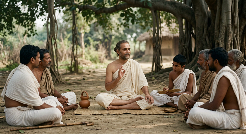 A serene teacher sits beneath a tree, speaking to a group of listeners in an ancient village.