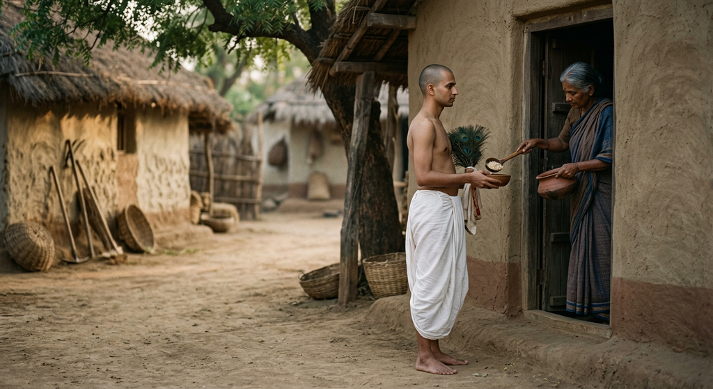 An ascetic monk stands humbly before a village doorway, waiting to receive food offered by a resident.