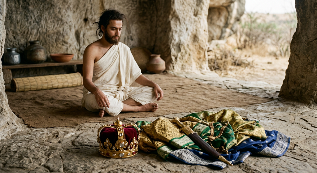 An ornate gold crown and discarded silk garments lie on a stone floor inside a courtyard.
