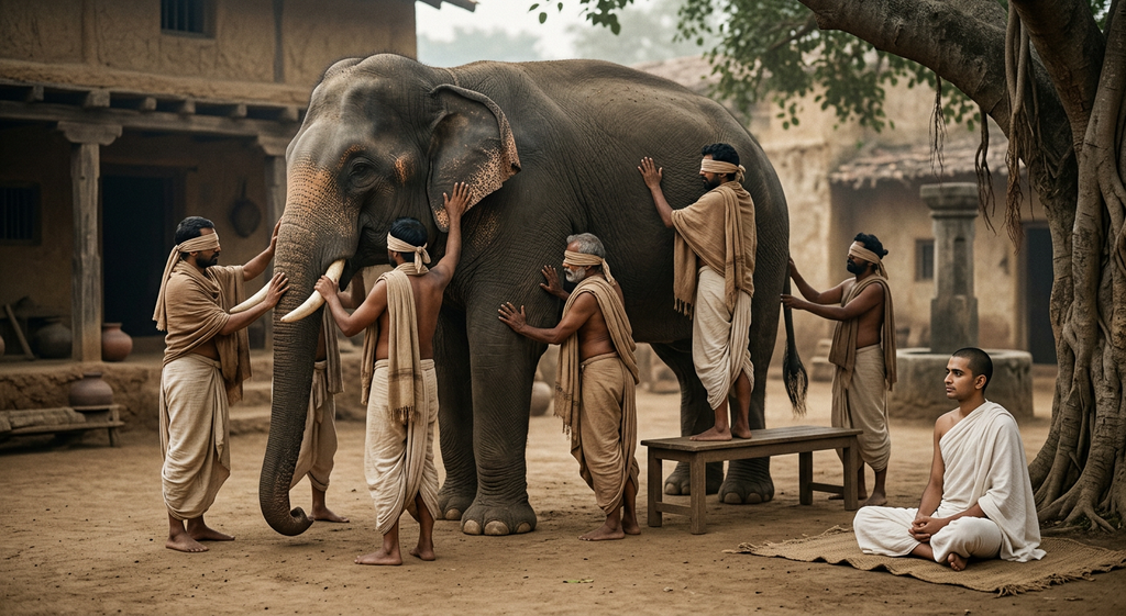 Six blindfolded men touch different parts of a large elephant standing in ancient India.