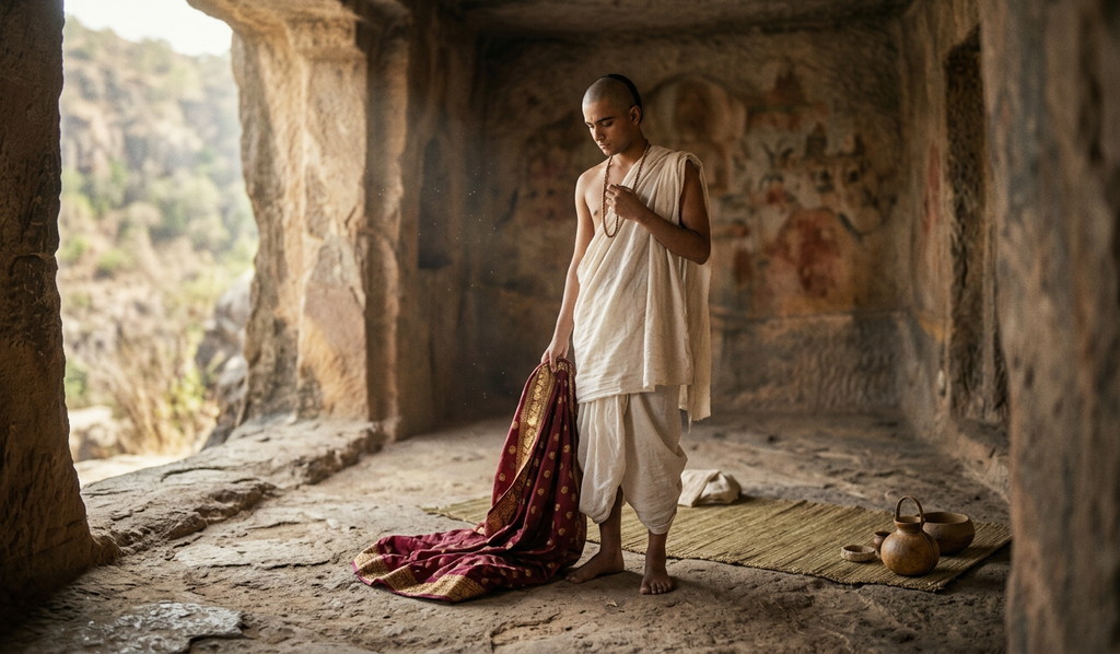 A young prince removes his royal robes in a quiet palace courtyard to adopt simple white ascetic garments.