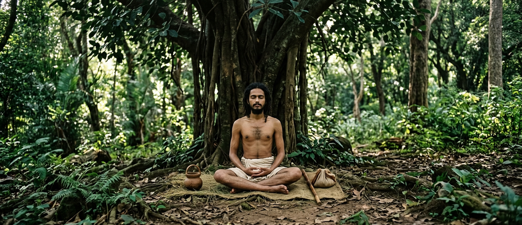A serene ascetic sits in deep meditation under a large leafy tree within a dense ancient forest.