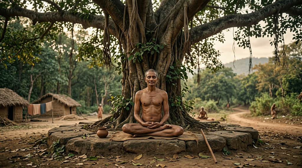 A spiritual teacher sits in the lotus position beneath a massive tree canopy in soft sunlight.