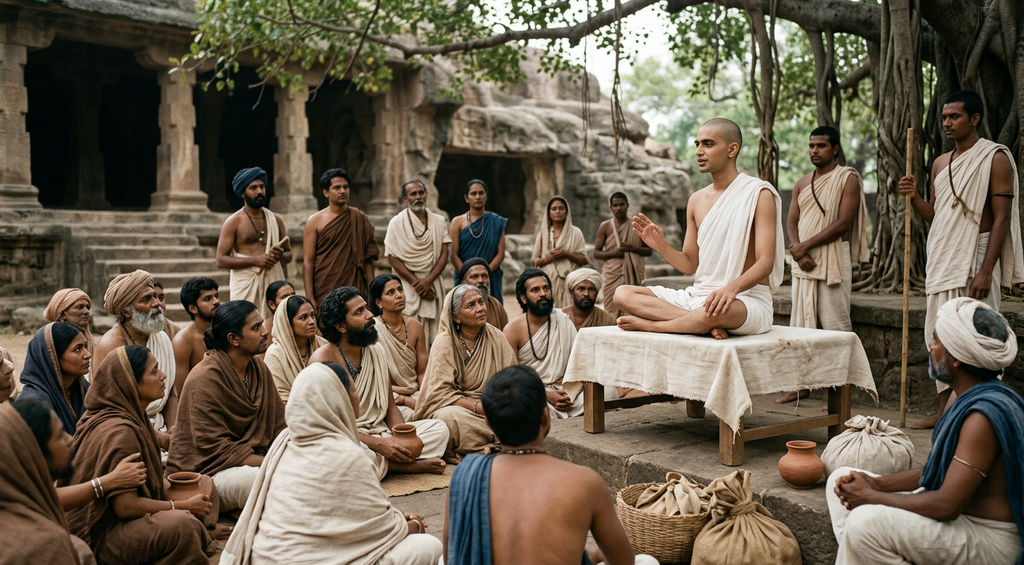 Mahavira sits peacefully under a tree while addressing a crowd of ancient Indian devotees.