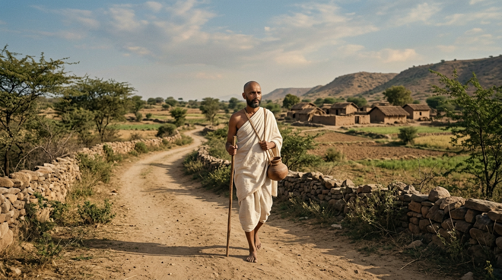 A barefoot ascetic in white cloth walks along a dusty rural path past ancient Indian homes.