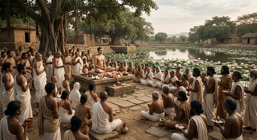 Followers gather peacefully around a quiet lotus pond in Pavapuri under soft morning light.