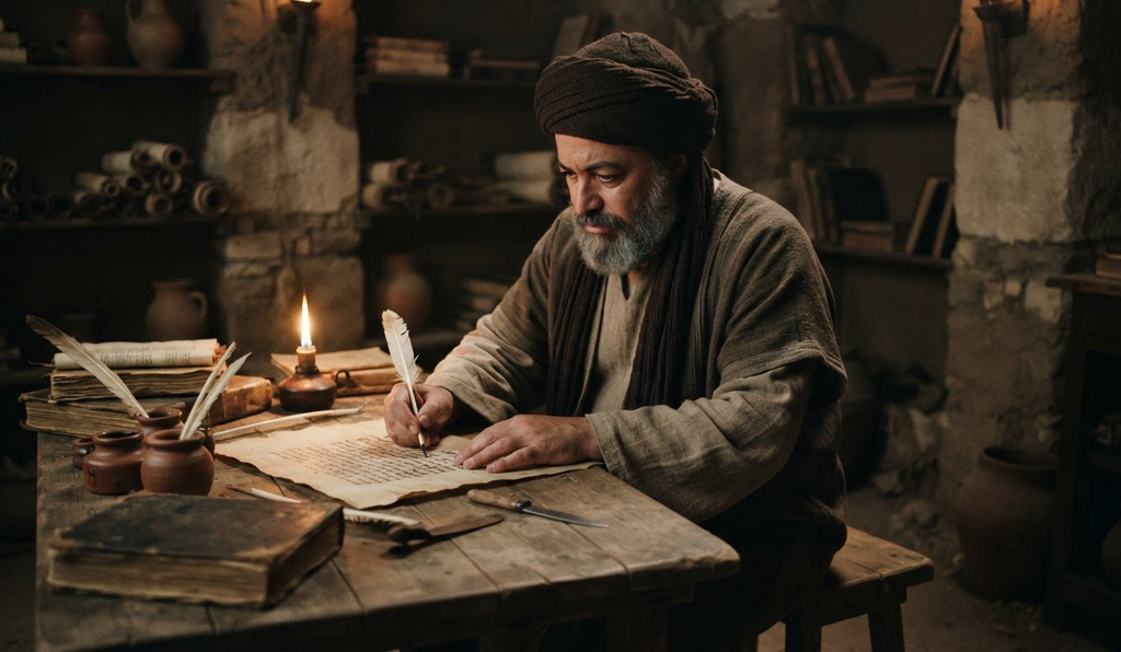 A scholar in a turban writes on parchment by the light of a small lamp at a wooden desk.