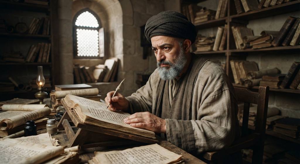 A gray-bearded man in a turban studies ancient Aristotelian manuscripts in a quiet, dimly lit room.