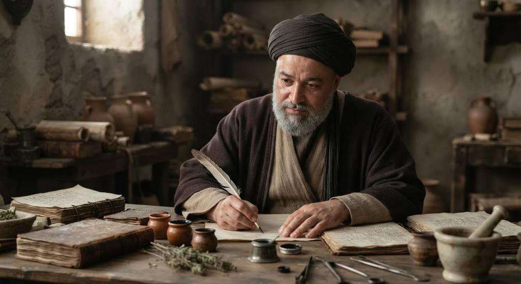 Medical instruments, dried herbs, and philosophical texts are arranged on a sturdy wooden table.