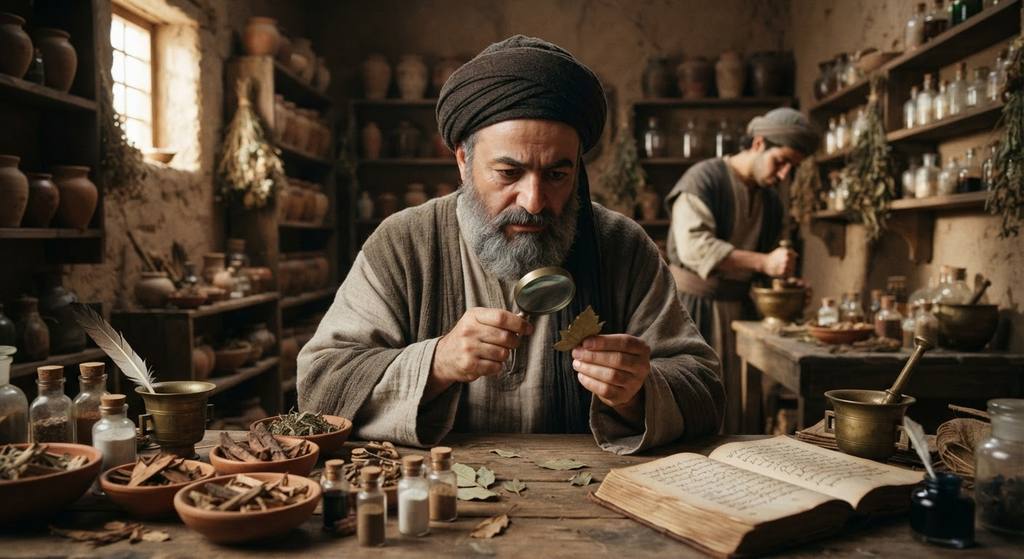 A scholar in a turban examines various botanical samples inside a traditional Egyptian apothecary shop.