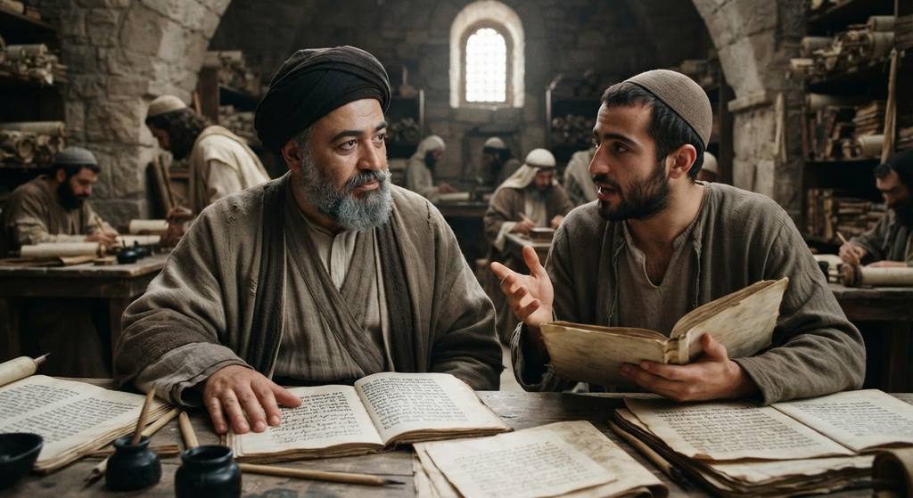 Twelfth-century parchment manuscripts containing Hebrew and Judeo-Arabic text are laid out on a wooden desk.