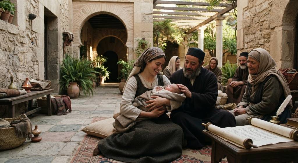 A family gathers in a sunlit Cordoba courtyard with stone arches to celebrate the birth of a newborn infant.