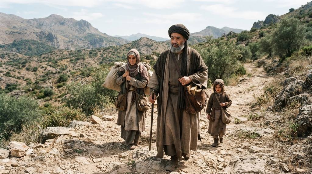 A family in twelfth-century attire travels across a rugged Iberian landscape while carrying leather satchels filled with books.