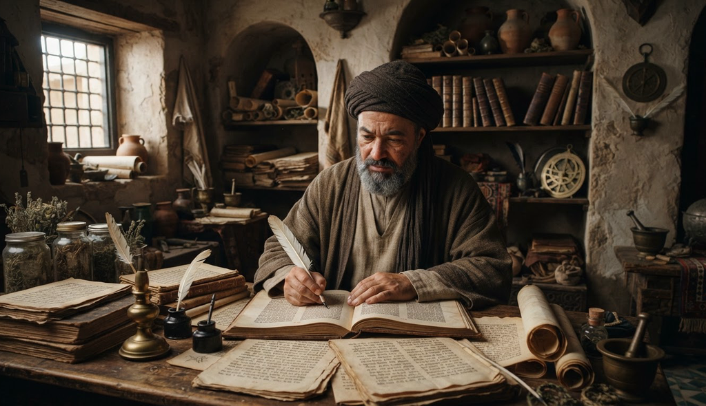 A gray-bearded scholar in a turban works in a Fez study surrounded by stacked parchment treatises and glass botanical jars.